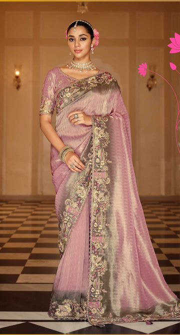 Dusty Pink and Grey Tone Tissue Zari Saree with Olive Green Embroidered Border & Silk Blouse - 7811